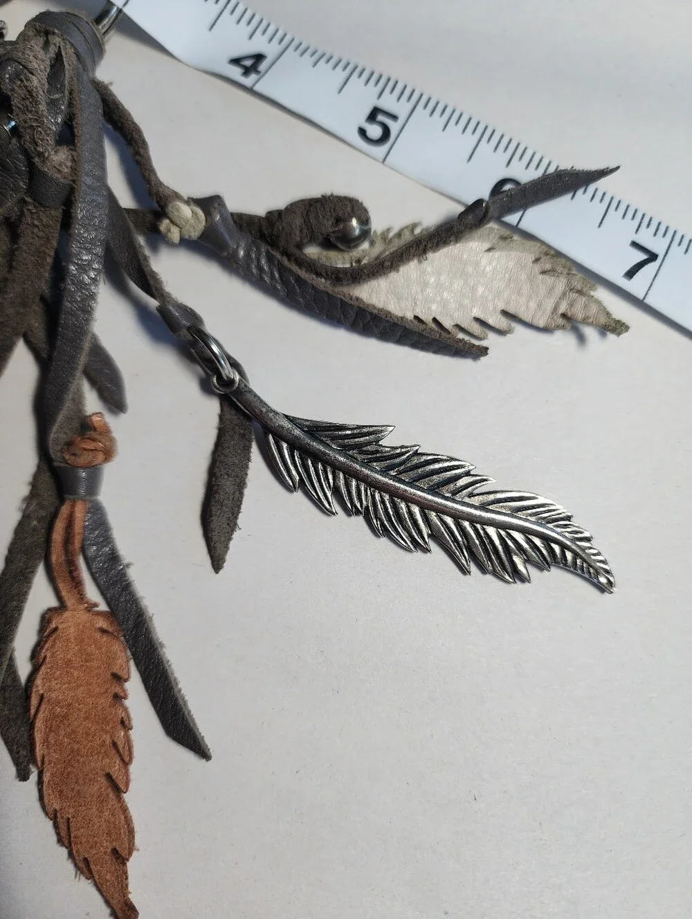 The Sak Leather Feather Tassel Keychain Charm Gray, White & Brown Bohemian